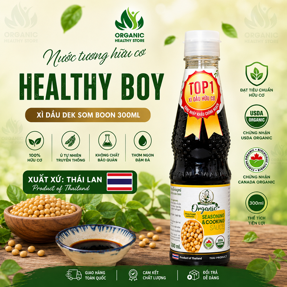 Nước tương (Xì dầu) hữu cơ Healthy boy Organic Seasoning and cooking Sauce Dek Som Boon 300ml