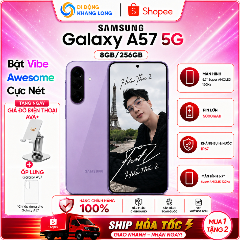 Điện thoại Samsung Galaxy A57 5G 8GB/256GB - Tặng ốp lưng Samsung và Giá đỡ Điện Thoại thương hiệu Ava+