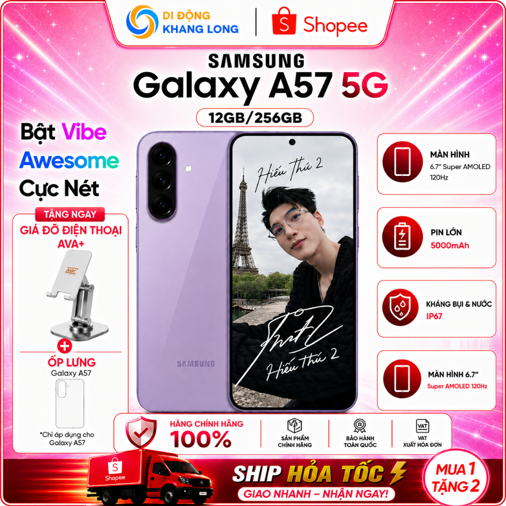 Điện thoại Samsung Galaxy A57 5G 12GB/256GB | 8GB/128GB - Tặng ốp lưng Samsung và Giá đỡ Điện Thoại thương hiệu Ava+