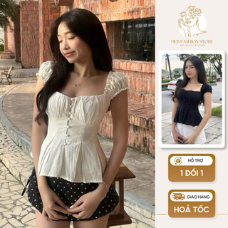 Áo babydoll tay bèo cổ vuông có chiết eo chất cotton mềm mịn, áo kiểu nhún ngực dáng xòe tôn dáng trẻ trung