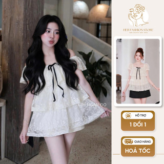 Áo babydoll  ren hoa đính nơ, áo kiểu nữ tầng bèo dáng xòe phong cách nhẹ nhàng dễ phối đồ mặc đi chơi _ Her Fashion
