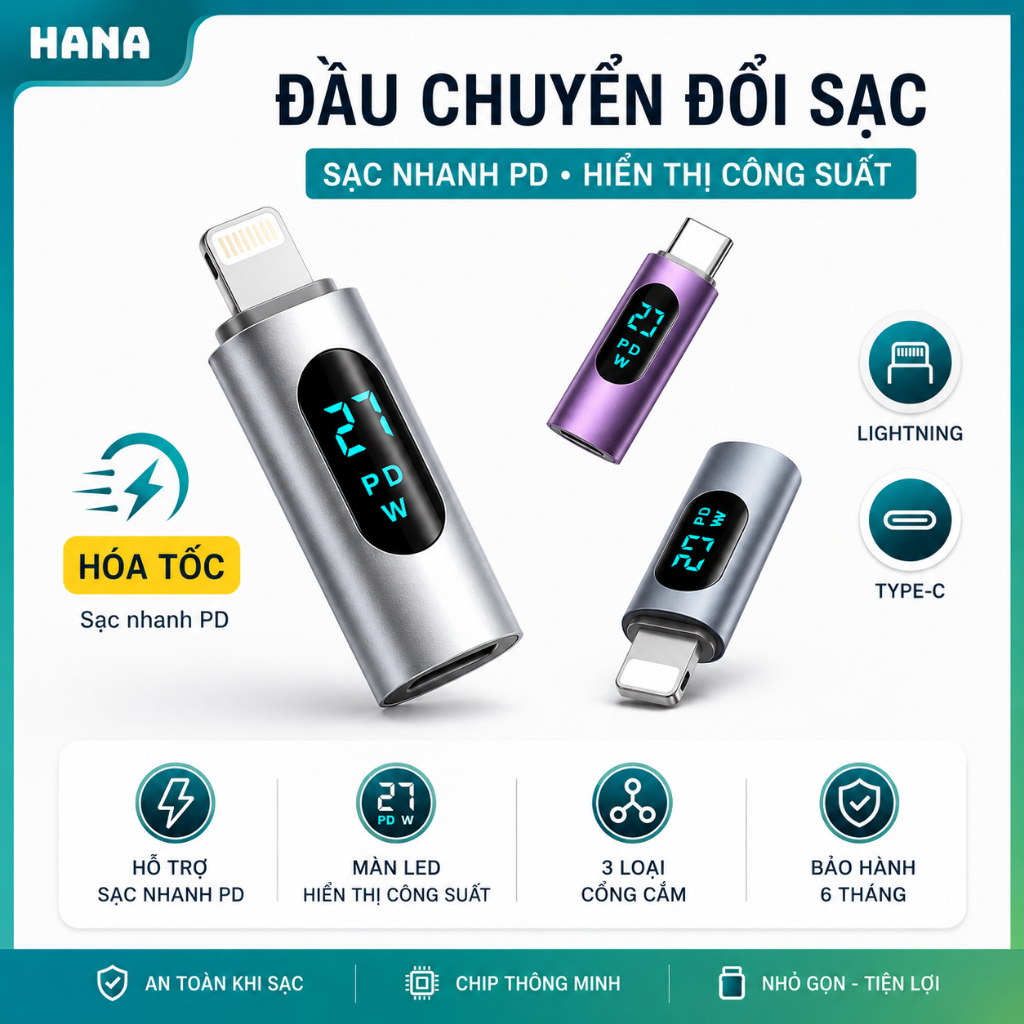 Đầu cắm chuyển đổi sạc type C - Có màn LED đo sạc - từ type C sang L và L sang type C - Hỗ trợ sạc nhanh 27W
