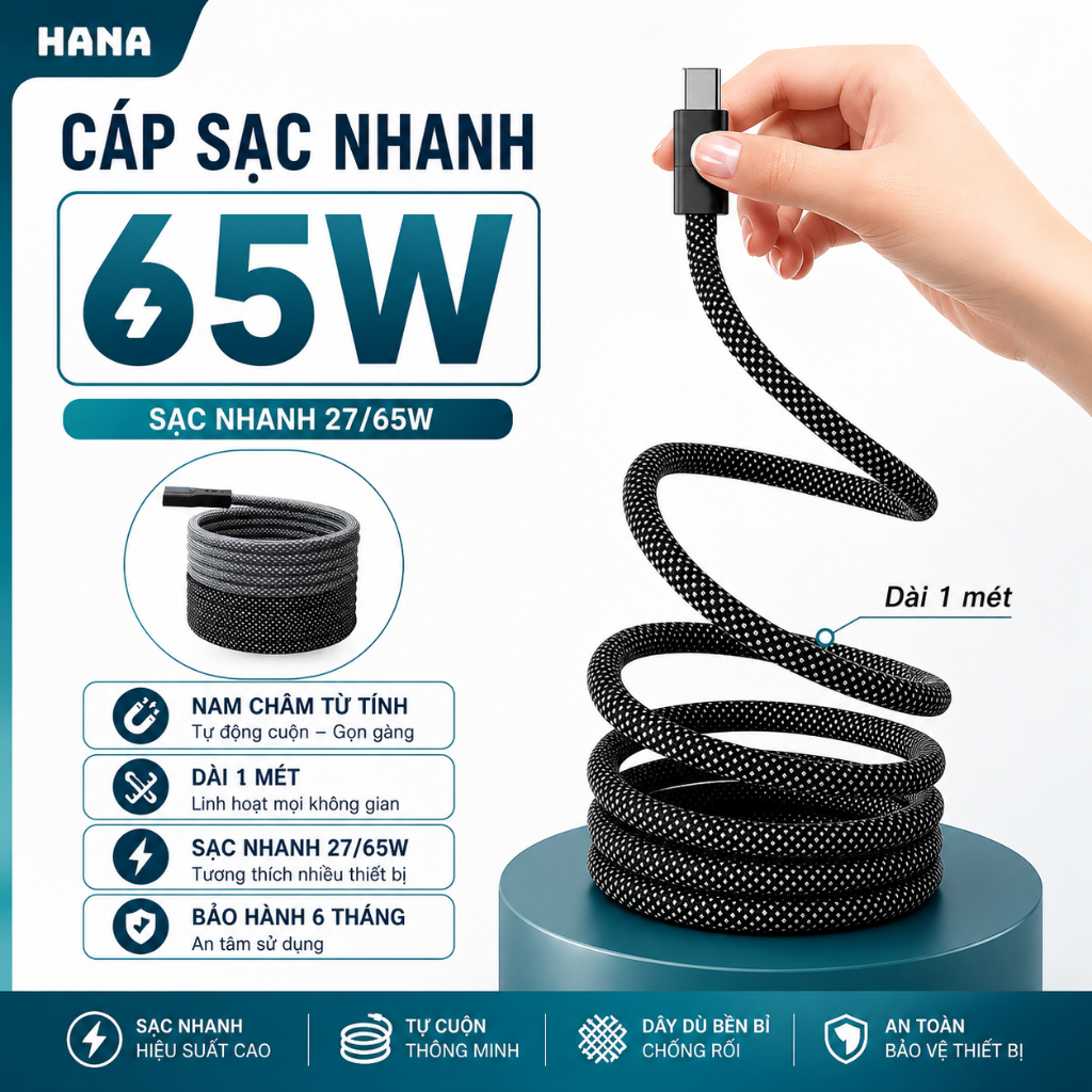 Cáp sạc nhanh 65W type C nam châm mới - Basemo - Tự cuộn gọn gàng - Công suất 100W - Chiều dài 1 mét - Có Carplay