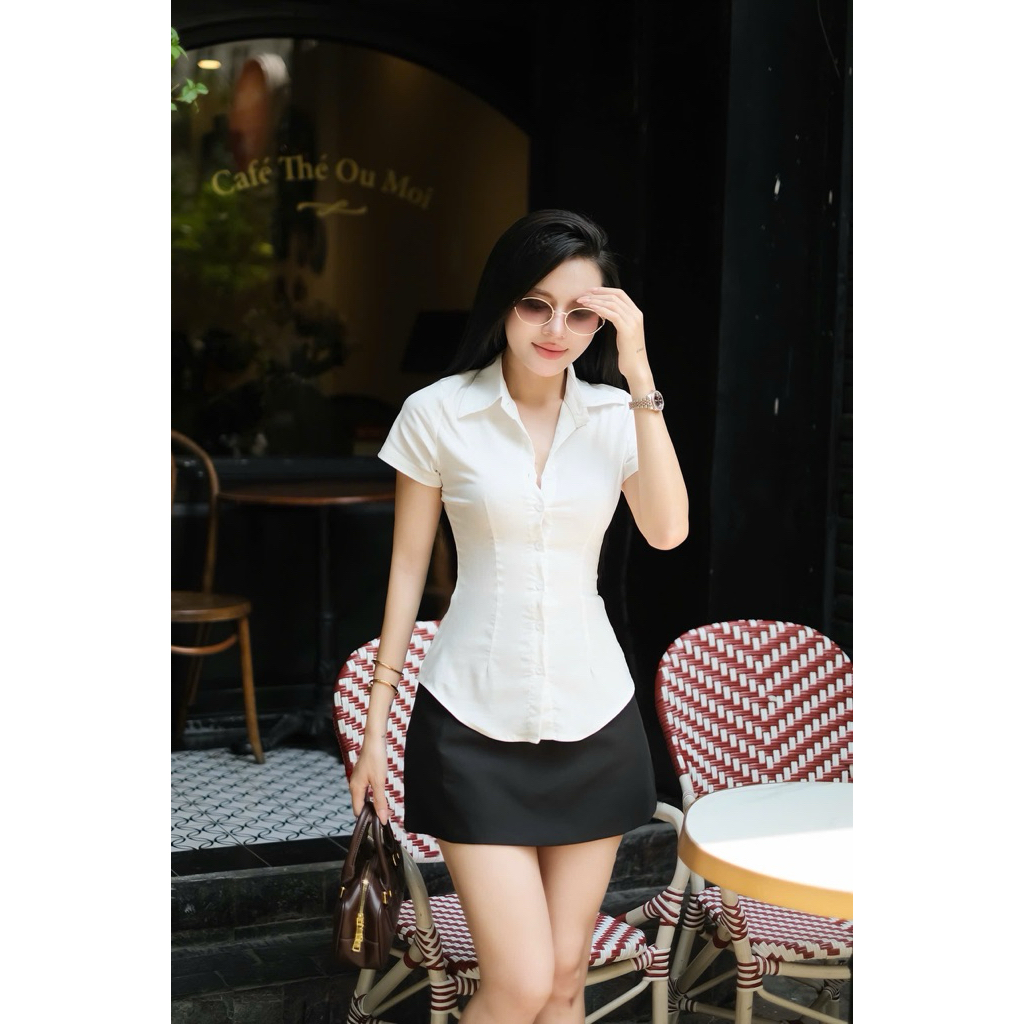 Áo Sơ mi trơn Nữ Tay Ngắn Nữ Trắng Đen Thời Trang