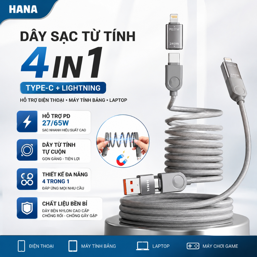 Dây Cáp Sạc Nhanh Nam Châm 65W 4 in 1 - Basemo - Đa Năng - Tự động cuộn tròn gọn gàng - Bảo hành 6 tháng