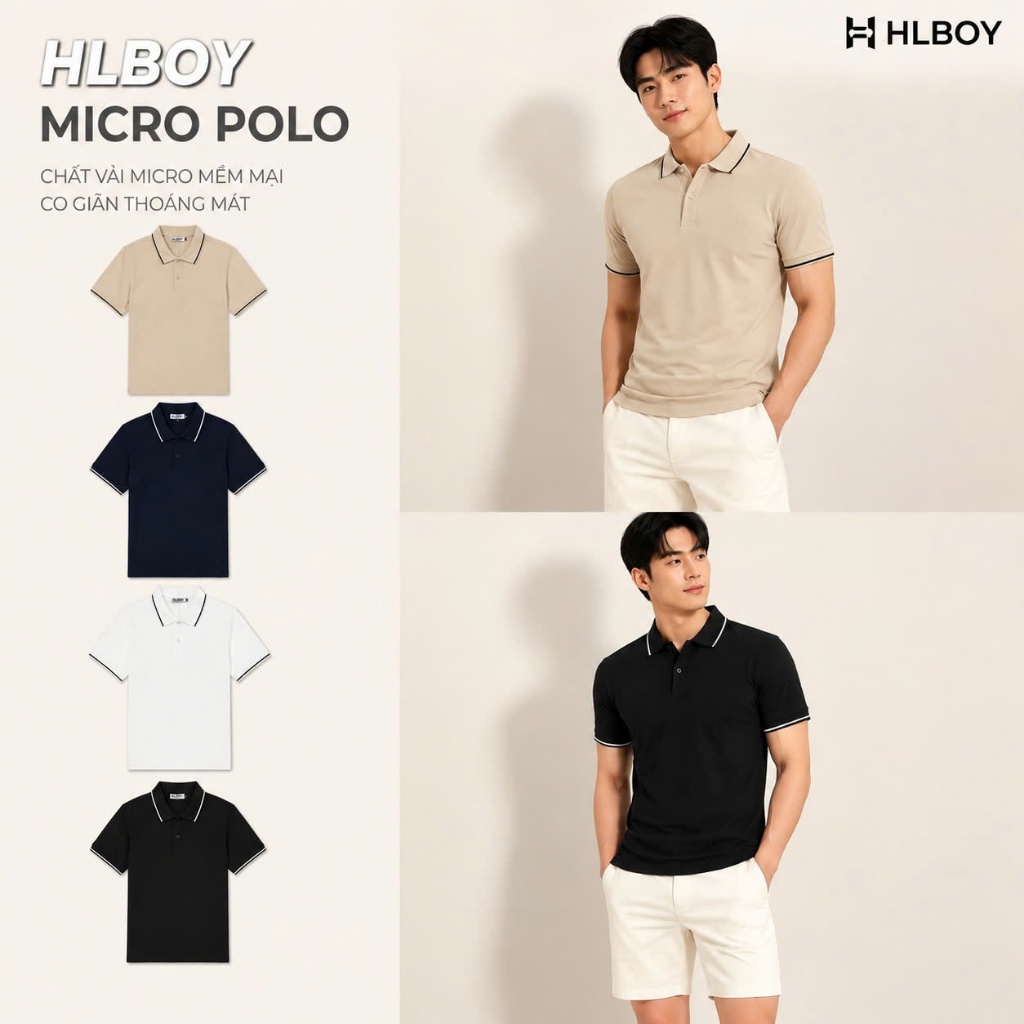 Áo polo nam HLBOY trơn bo kẻ, mềm mịn, giữ phom hoàn hảo ,S0C710