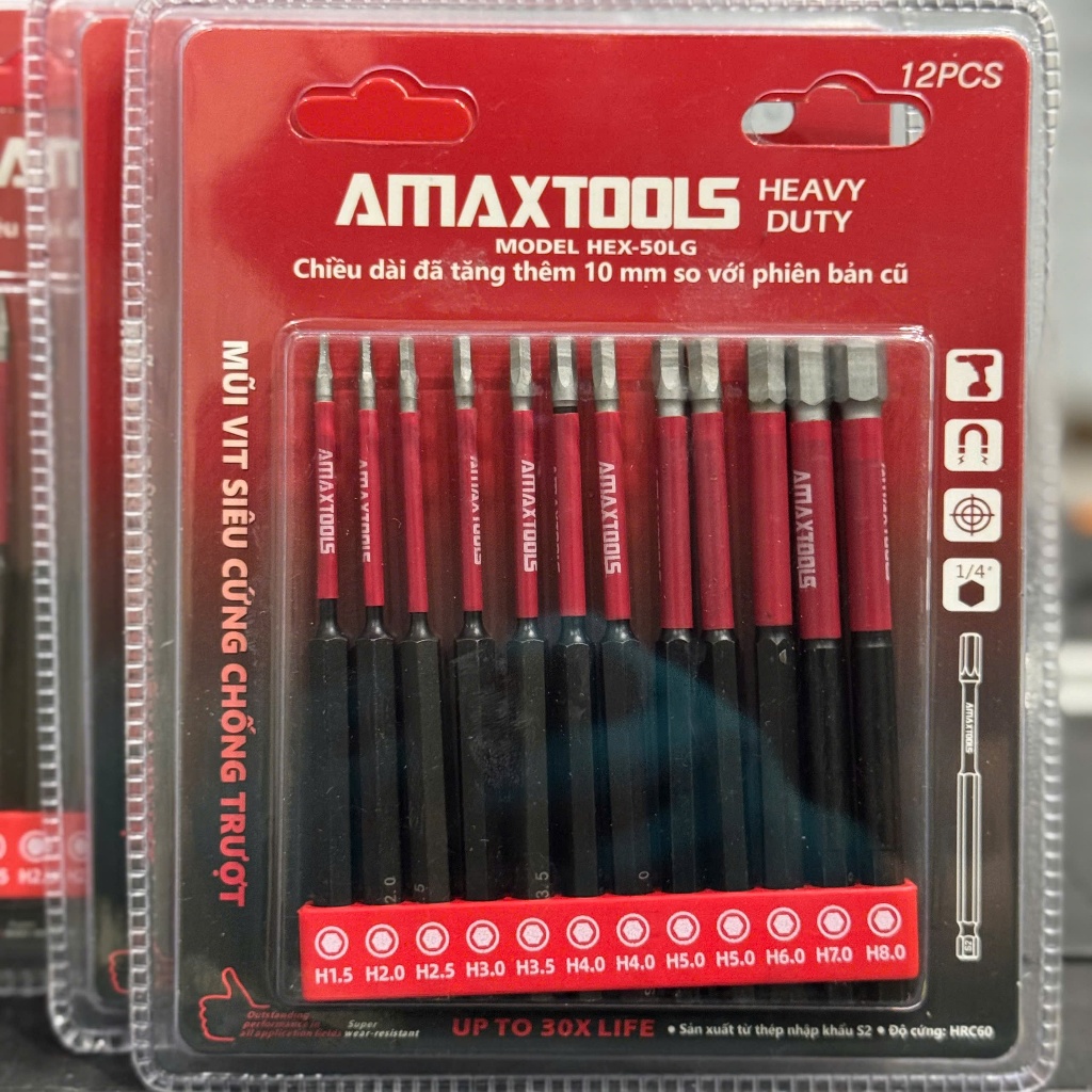 Amaxtools HEX-50LG Mũi Vít Lục Giác 50mm Thép S2 Siêu Cứng Từ Tính Chịu Va Đập Chuôi6.35mmChính Hãng