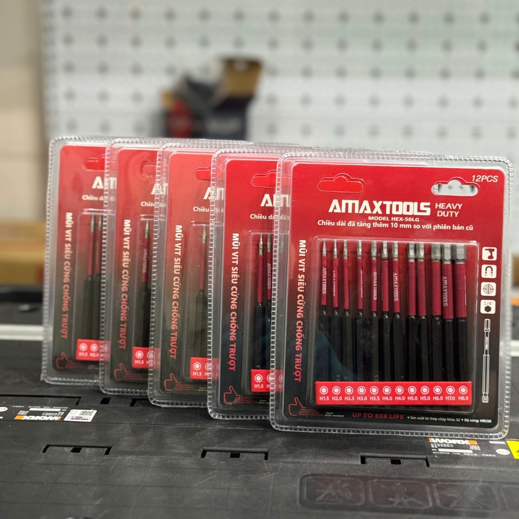 Amaxtools HEX-50LG Mũi Vít Lục Giác 50mm Thép S2 Siêu Cứng Từ Tính Chịu Va Đập Chuôi6.35mmChính Hãng