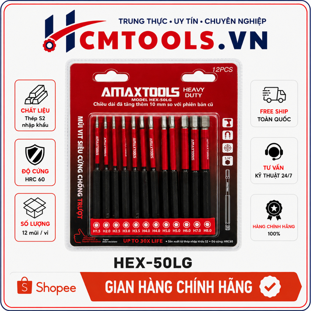 Amaxtools HEX-50LG Mũi Vít Lục Giác 50mm Thép S2 Siêu Cứng Từ Tính Chịu Va Đập Chuôi6.35mmChính Hãng