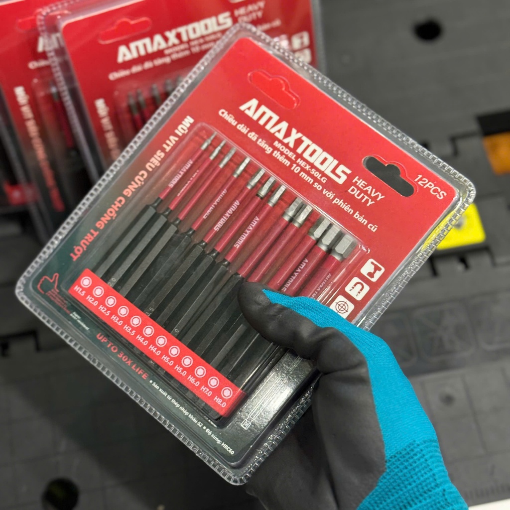 Amaxtools HEX-50LG Mũi Vít Lục Giác 50mm Thép S2 Siêu Cứng Từ Tính Chịu Va Đập Chuôi6.35mmChính Hãng