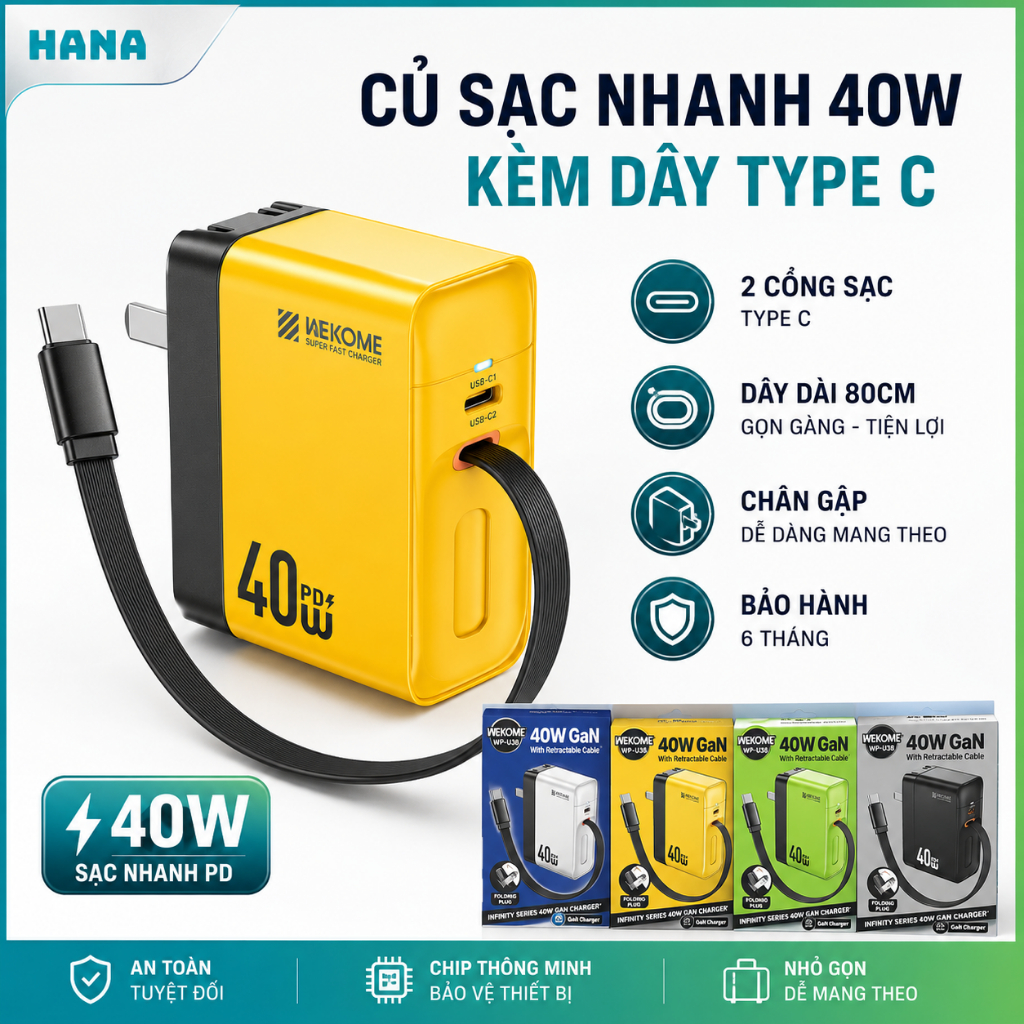 Củ Sạc nhanh GaN 40W - Hãng WEKOME- kèm dây rút – Type C dài 82cm - Sạc nhanh PD - Bảo hành 6 tháng