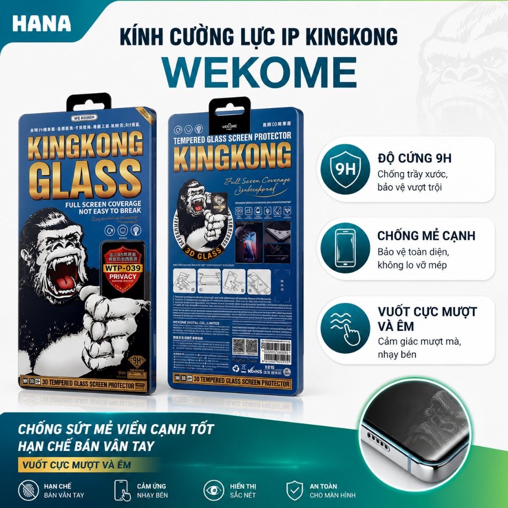 [ Kính Hộp Sắt ] Kính Cường Lực chính hãng KingKong WK - Full Màn mẫu mới -  Chống Vỡ Viền cho iPhone