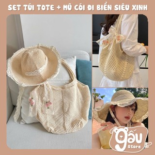 Set Túi Tote + Mũ Cói Đi Biển Vành Rộng Viền Ren Phối Nơ Chụp Ảnh Phong Cách Hàn Quốc Siêu Xinh