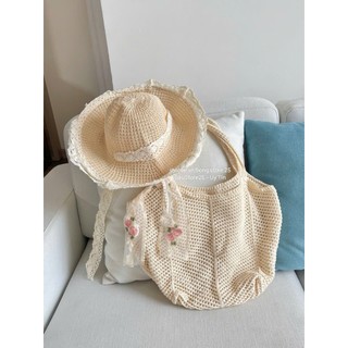 Set Túi Tote + Mũ Cói Đi Biển Vành Rộng Viền Ren Phối Nơ Chụp Ảnh Phong Cách Hàn Quốc Siêu Xinh