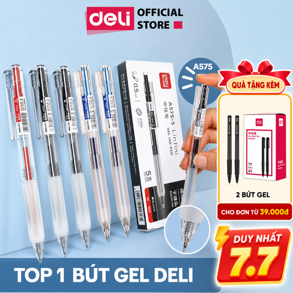 [🔥CẢI TIẾN 2026] Bút Bi Nước Mực Gel Ngòi 0.5mm Deli Vỏ Trong Suốt Có Đệm Tay Văn Phòng Học Sinh A575