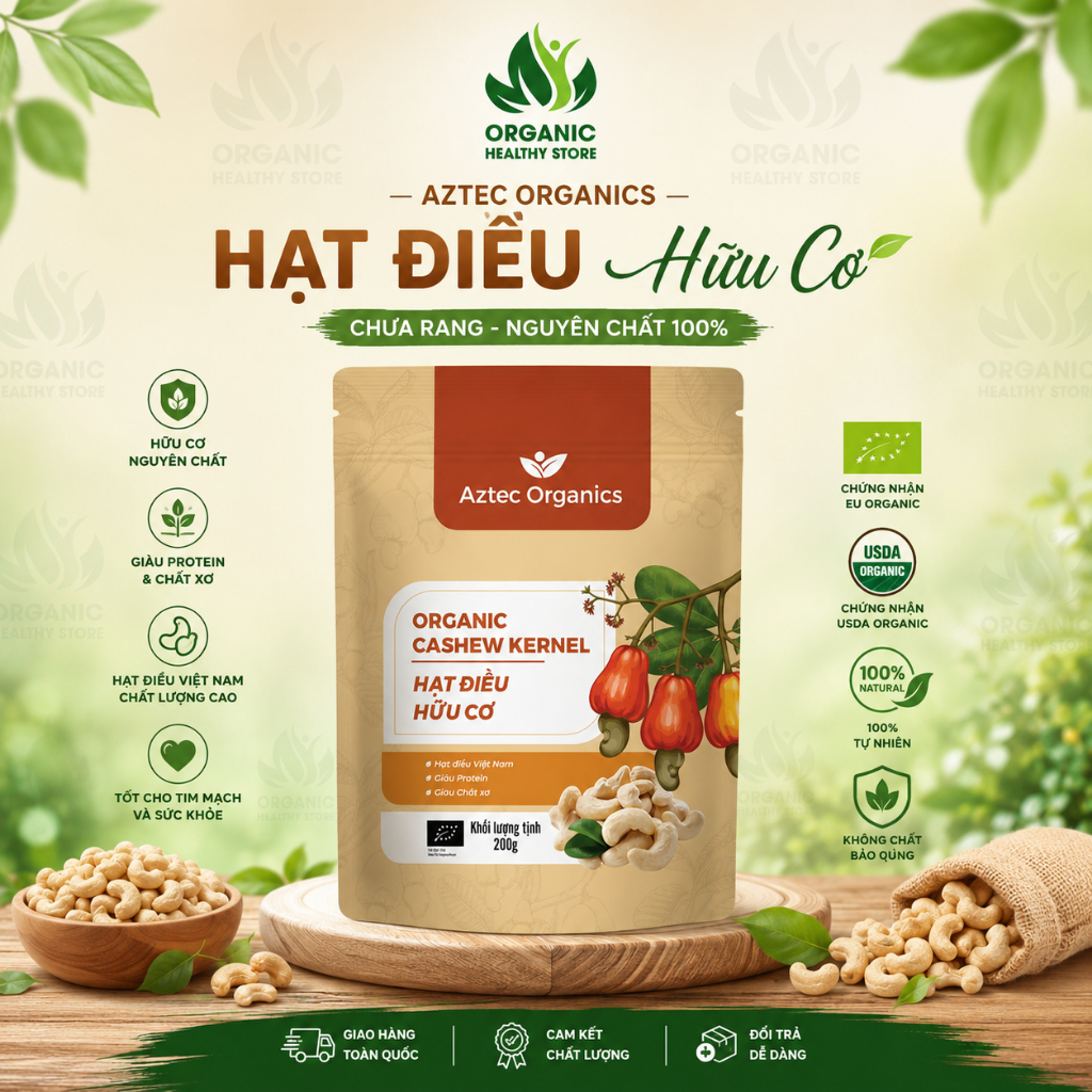 [7.2027] Hạt Điều Hữu Cơ Chưa Rang Aztec Organic Raw Cashew Kernel 200gr