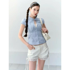 Áo Kẻ Kiểu Dáng Ôm KHAO BOUTIQUE Có Dây Buộc Nơ Nữ Tính KH56