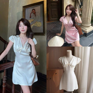 Maya Dress (TSW) Váy lụa cổ V đính nơ buộc dây sau (kèm quần bảo hộ) Nữ the.sweaterweather