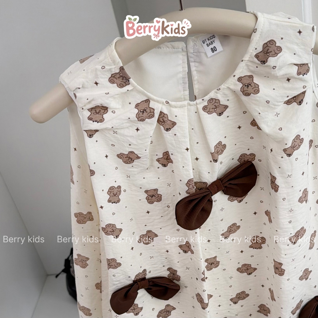 Váy Bí Sát Nách Chất Đũi Cho Bé Gái Đầm Bé Gái Họa Tiết Gấu Teddy Bear Đính Nơ Đáng Yêu BR17