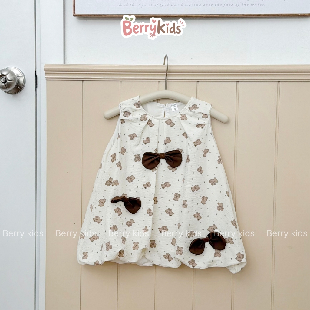 Váy Bí Sát Nách Chất Đũi Cho Bé Gái Đầm Bé Gái Họa Tiết Gấu Teddy Bear Đính Nơ Đáng Yêu BR17