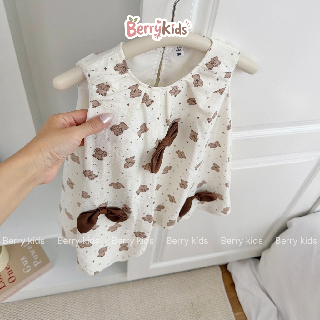 Váy Bí Sát Nách Chất Đũi Cho Bé Gái Đầm Bé Gái Họa Tiết Gấu Teddy Bear Đính Nơ Đáng Yêu BR17