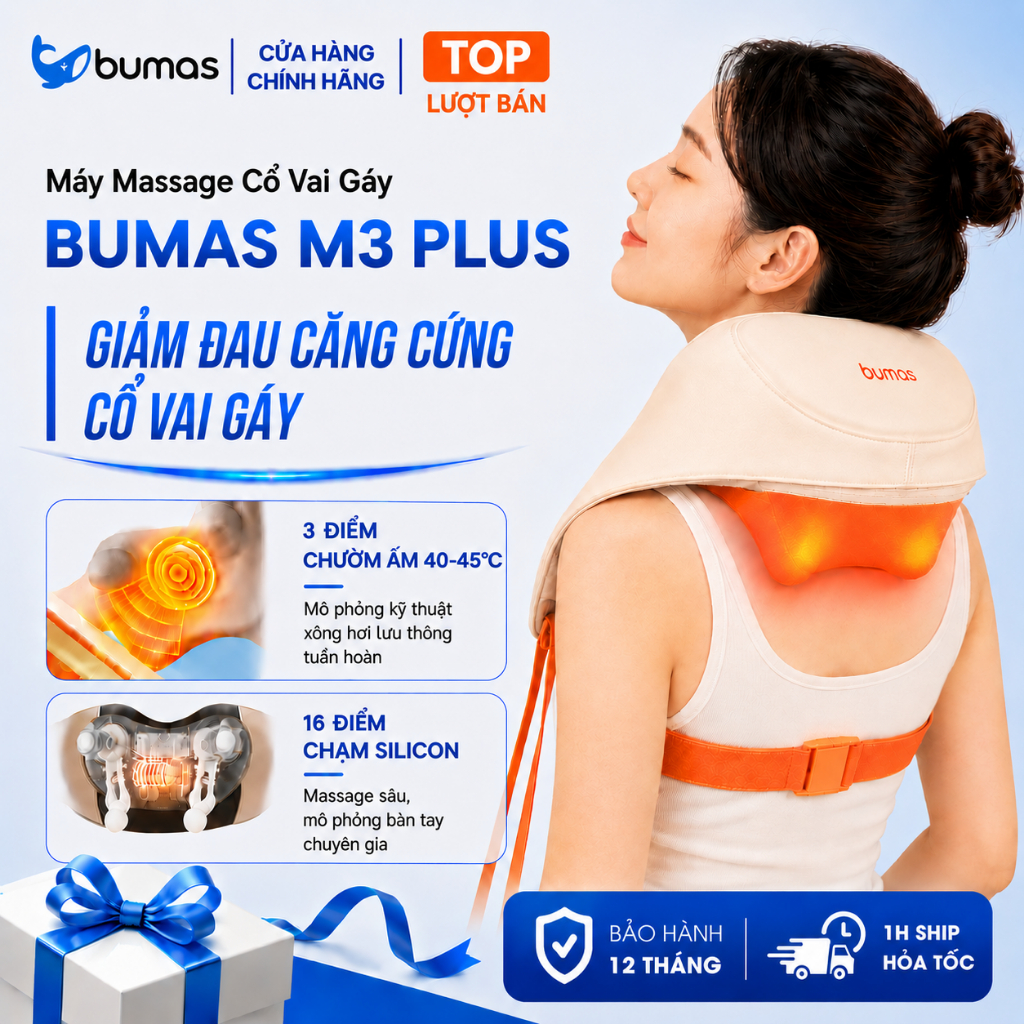 [Set Quà 20/10] Máy Massage Cổ Vai Gáy BUMAS M3 Plus - Chườm Ấm Mát Xa Như Tay Người - Giảm Nhức Mỏi Cổ Vai Gáy Lưng