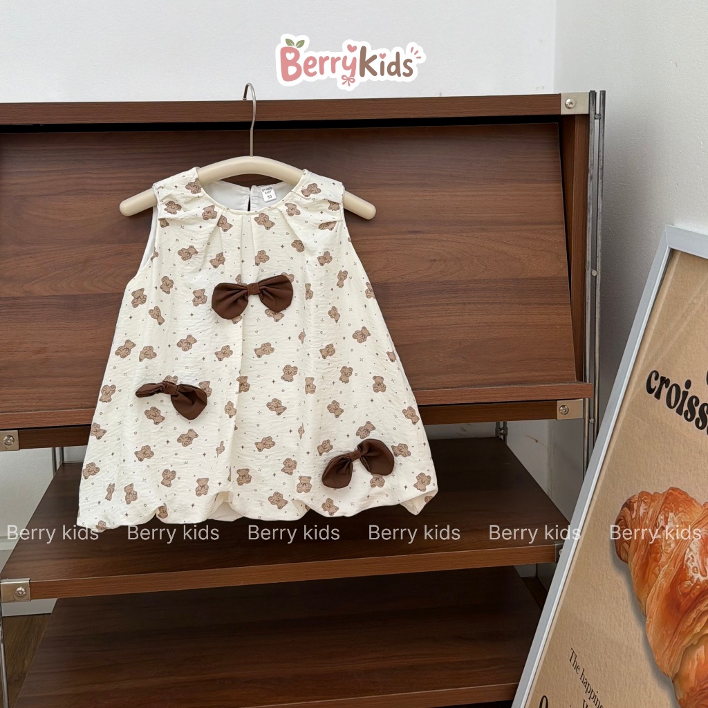 Váy Bí Sát Nách Chất Đũi Cho Bé Gái Đầm Bé Gái Họa Tiết Gấu Teddy Bear Đính Nơ Đáng Yêu BR17