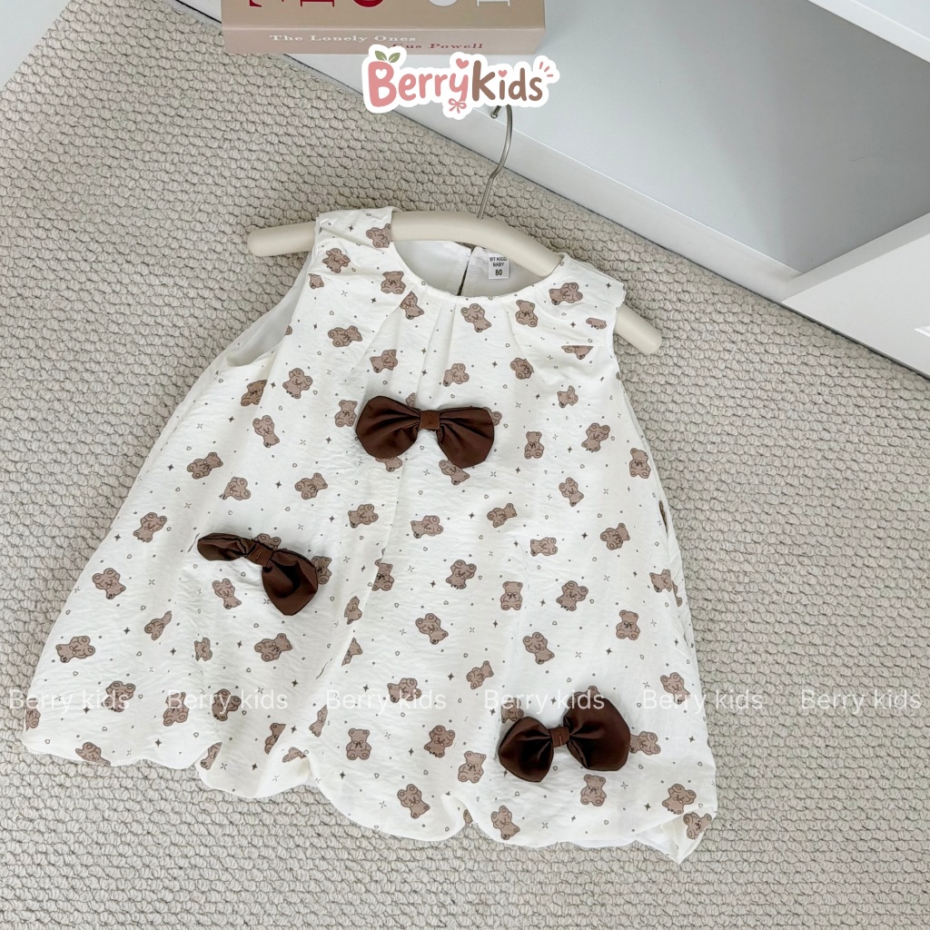 Váy Bí Sát Nách Chất Đũi Cho Bé Gái Đầm Bé Gái Họa Tiết Gấu Teddy Bear Đính Nơ Đáng Yêu BR17