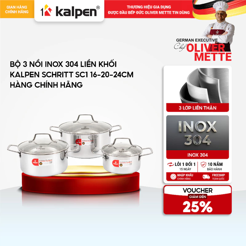 Bộ 3 nồi Inox 304 3 lớp đúc liền khối KALPEN SCHRITT SC1 size 16-20-24cm hàng chính hãng — ảnh 1