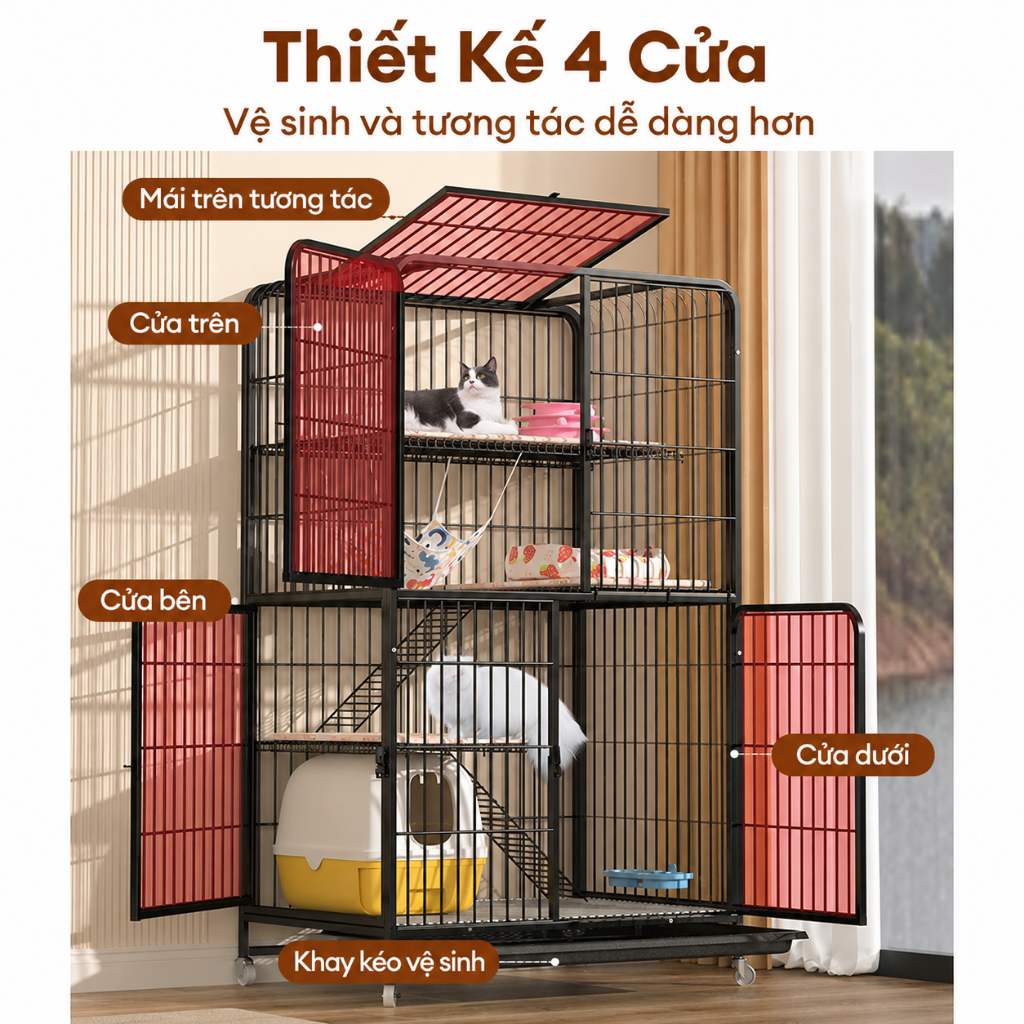 🐈GreenPets🐕Chuồng Mèo 2/3/4 Tầng Lồng Mèo Nan Ống Có Bánh Xe Tặng Khay Khung Thép Dày Chắc Chắn