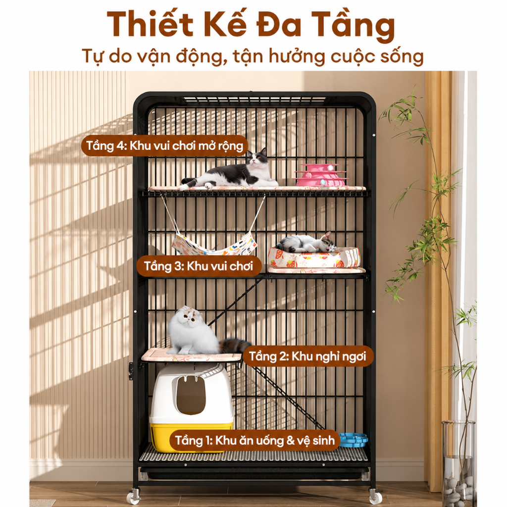 🐈GreenPets🐕Chuồng Mèo 2/3/4 Tầng Lồng Mèo Nan Ống Có Bánh Xe Tặng Khay Khung Thép Dày Chắc Chắn