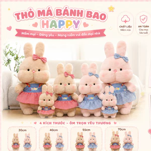 Gấu Bông Thỏ Má Bánh Bao Happy - Thỏ Bông Siêu Mềm Váy Hồng, Váy Xanh Cao Cấp Quà Tặng Dễ Thương