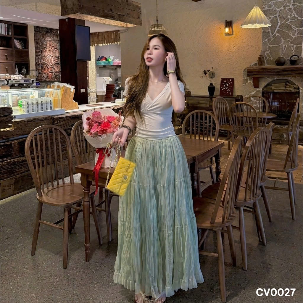 Chân váy voan tơ bèo tầng bồng xòe có lót trong cạp chun HiNa QCCC QCL1 CV0027