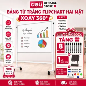 Bảng Từ Trắng FlipChart Hai Mặt Deli Viết Bút Lông Bảng Xoay 360 Độ Chân Di Động Kèm Dụng Cụ