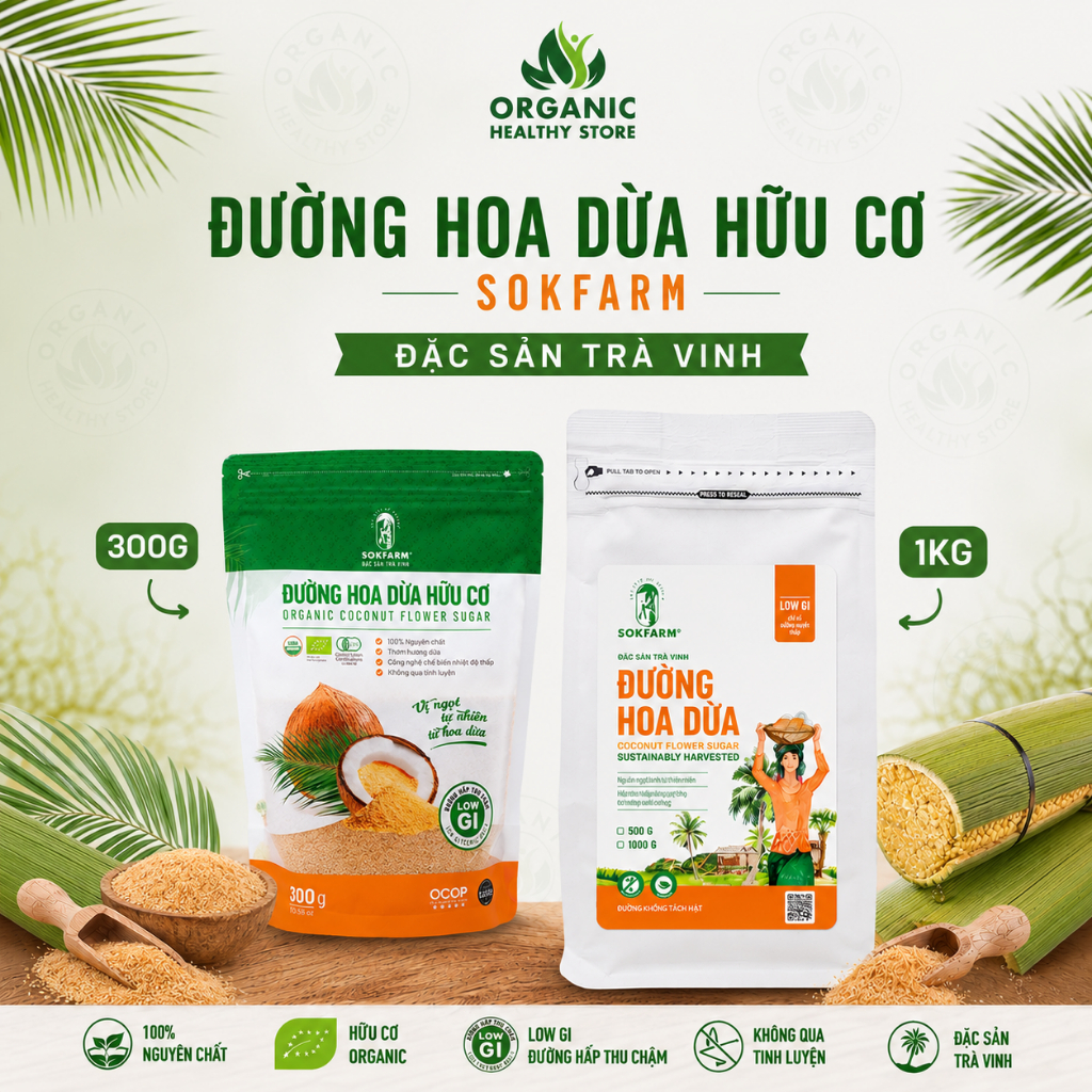Đường hoa dừa hữu cơ Sokfarm organic coconut sugar, low GI ăn kiêng healthy Đặc sản Trà Vinh