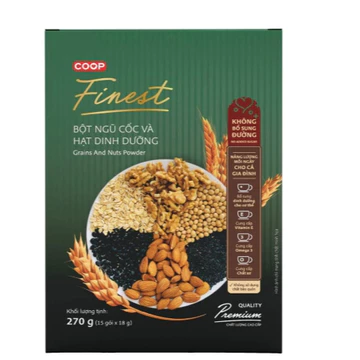 Bột Ngũ Cốc & Hạt Dinh Dưỡng Co.op Finest 270g (18 Gói) - Ngũ Cốc Dinh Dưỡng, Giàu Chất Xơ, Hạt Óc Chó Hạnh Nhân Mè Đen
