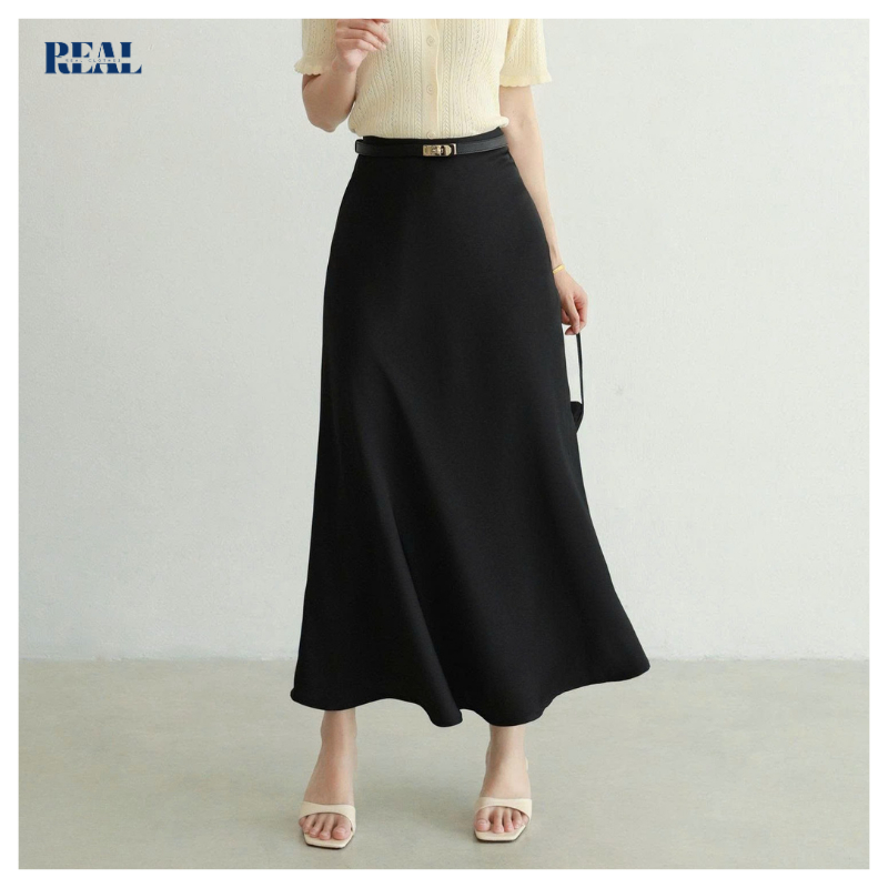 Chân váy lụa dài lưng thun dáng xòe nhẹ REAL CLOTHES (tổng hợp màu), vải phi lụa mềm mát, sang trọng
