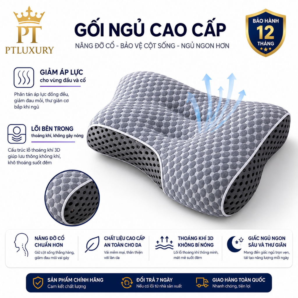 Gối ngủ công thái học PTLUXURY chống đau mỏi cổ vai gáy hạn chế ngáy giúp giấc ngủ ngon