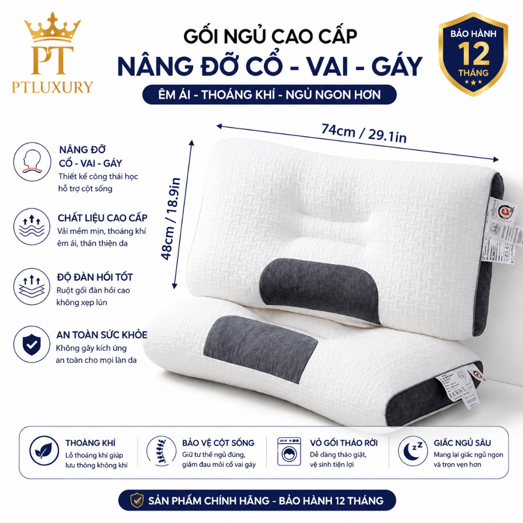 Gối ngủ công thái học PTLUXURY chống đau mỏi cổ vai gáy hạn chế ngáy giúp giấc ngủ ngon