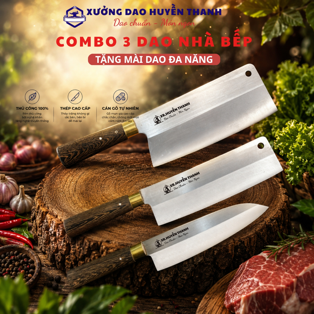 [MUA 3 TẶNG 1] Bộ Dao Nhà Bếp Thép Trắng Nhật 420HC Kháng Rỉ, Cán Gỗ Mun Chốt Đinh Chắc Chắn BH 24 Tháng