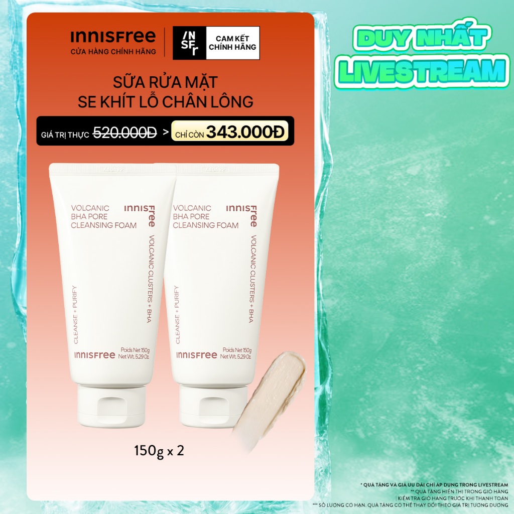 INNISFREE x Bộ 2 Sữa rửa mặt se khít lỗ chân lông Innisfree Volcanic Pore BHA Cleansing Foam 150g