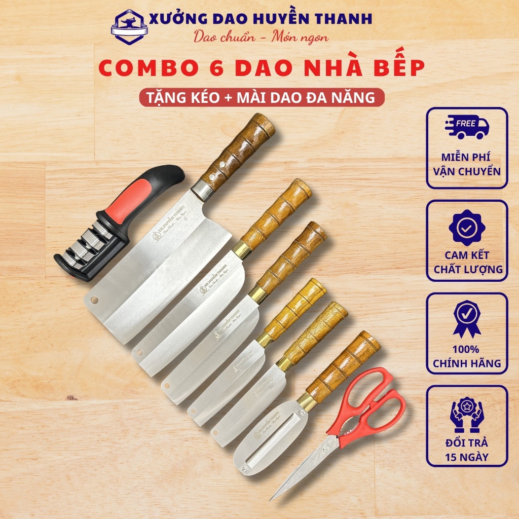 (MUA 6 TẶNG 2) Bộ Dao Thép Trắng Kháng Han Rỉ, Cao Cấp Cán Trúc Chắc Chắn Được Rèn Thủ Công Tặng Máy Mài Dao Đa Năng.