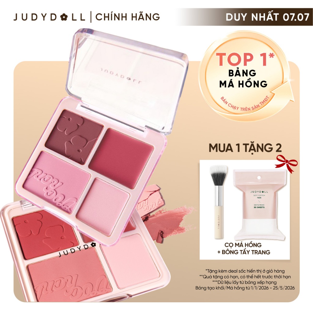 JUDYDOLLL Bảng Phấn Má hồng & Bắt sáng 4 ô 2-Trong-1 Blush & Highlight Palette 9g