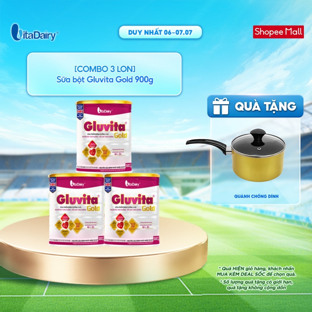 [COMBO 3 LON] Sữa bột Gluvita Gold dành cho người tiểu đường - Giúp kiểm soát đường huyết - Lon 900g