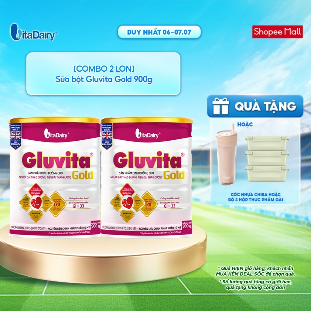 [COMBO 2 LON] Sữa bột Gluvita Gold dành cho người tiểu đường - Giúp kiểm soát đường huyết - Lon 900g