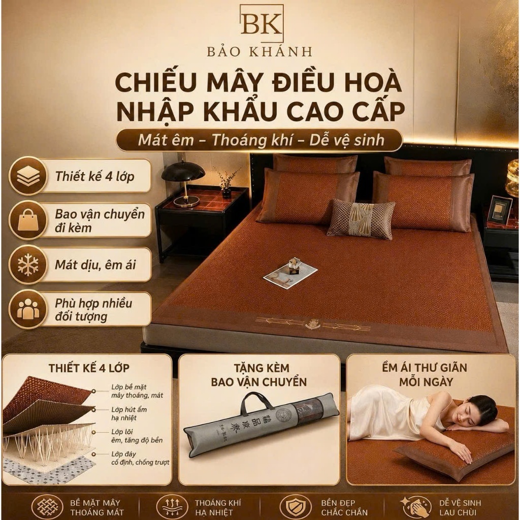 Chiếu Mây Điều Hoà Nhập Khẩu Cao Cấp - Có Lớp Đệm,  Dễ Vệ Sinh, Mát Lạnh Tự Nhiên, Không Mùi