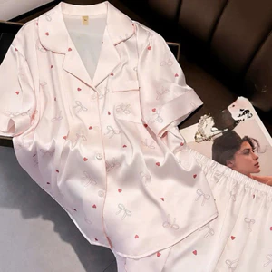 Bộ đồ ngủ nữ lụa satin mềm mát mặc nhà, Tay ngắn - Quần ngắn