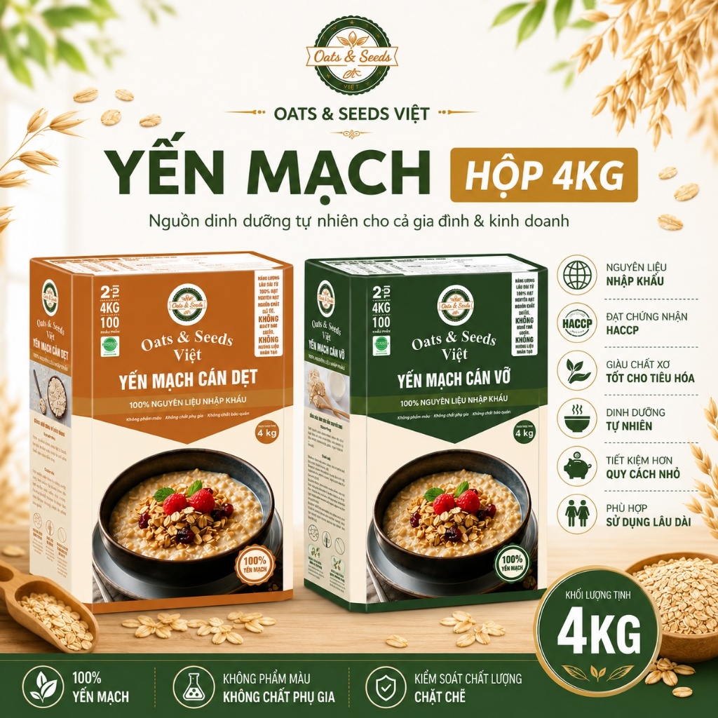 Yến Mạch 4kg Oats & Seeds Việt - Cán Dẹt/Cán Vỡ, Hộp 4kg Tiết Kiệm, Ngũ Cốc Dinh Dưỡng