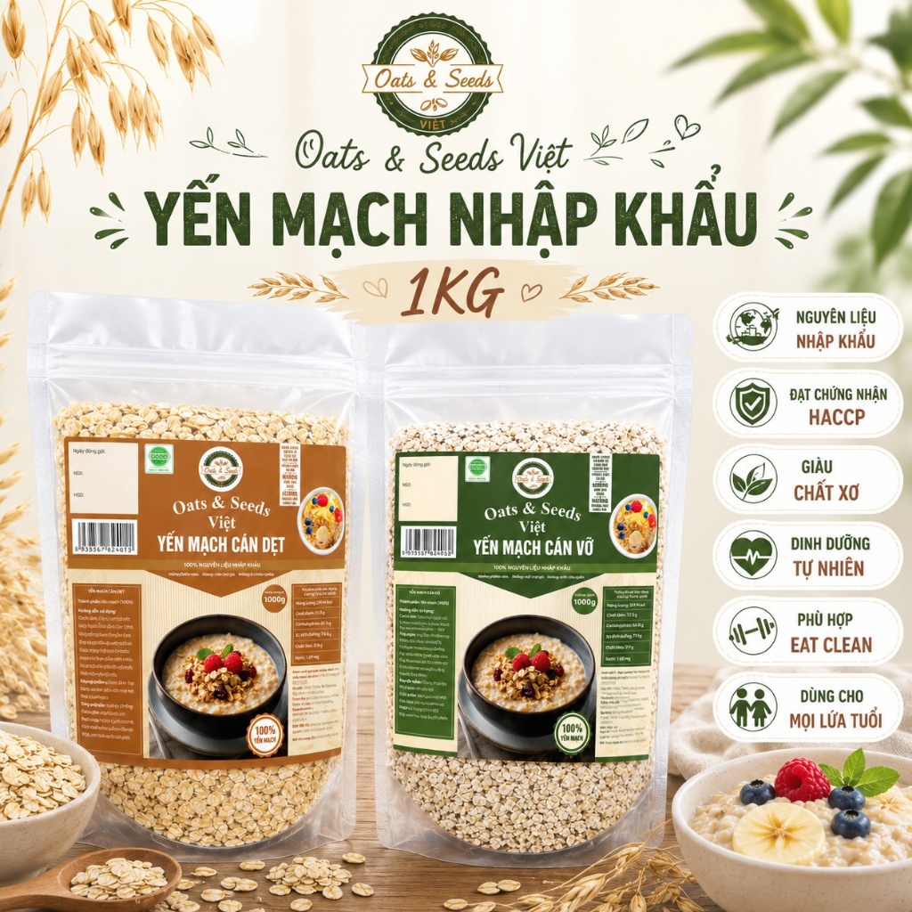 Yến Mạch 1kg Oats & Seeds Việt - Cán Dẹt/Cán Vỡ, Túi Zip 1kg, Ngũ Cốc Dinh Dưỡng