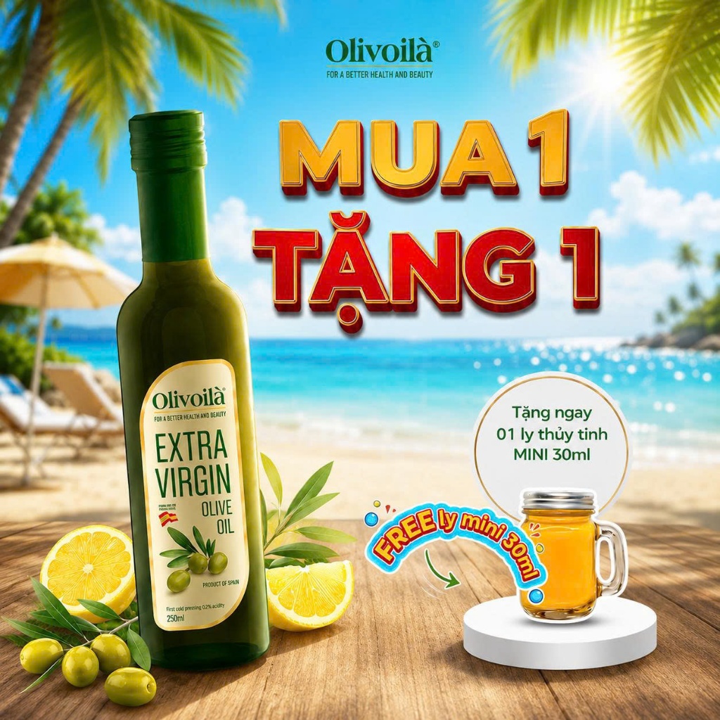 Dầu Olive Extra Virgin Olivoilà 250ml – Dầu Ô Liu Nguyên Chất Nhập Khẩu, Dùng Cho Salad, Chiên Xào, Ăn Dặm